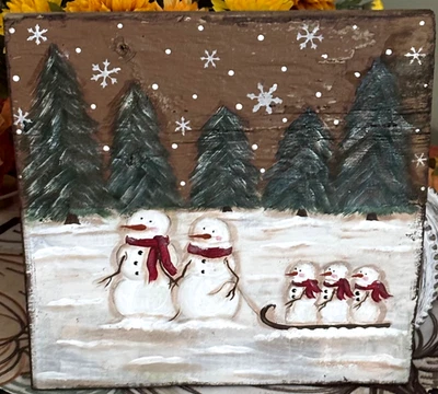 *~* HAND PAINTED SNOWMEN SCENE *~* SNOWMEN FAMILY *~* TREES *~* RECLAIMED WOOD - Image 1 of 2