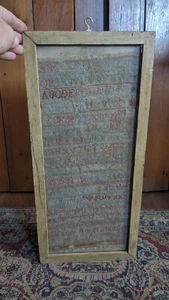 Best Antique Early Primitive Hand Stitched Textile Slender Sampler 19.5" Signed - Photo 1 sur 6