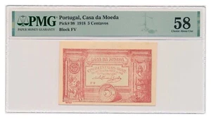 PORTUGAL banknote 5 Centavos 1918 PMG AU 58 Choice About Uncirculated - Picture 1 of 7