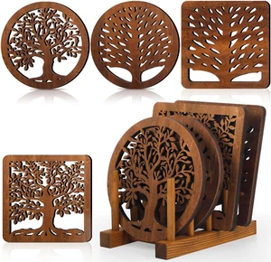 5 Pcs Tree Wooden Trivets Set for Hot Dishes Heat Resistant Pads Square Round - Picture 1 of 12
