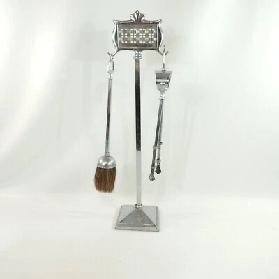 Pequeño Mid Century Placa Cromada Chimenea Carbón 3 Piezas Juego de Herramientas 23" Cepillo y Agarrador Foto 1 de 4