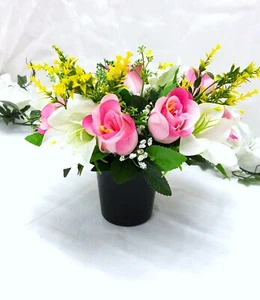 Artificial Silk Flower Memorial Grave Pot with Roses and Lilies in pinks & ivory - Picture 1 of 2