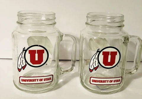University of Utah Mason Jars 20oz Glass Mugs Cups (2) Cover