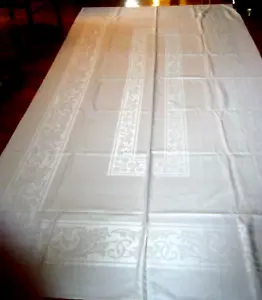 ANTIQUE Banquet Tablecloth linen damask wide stripes with feather design - Picture 1 of 8