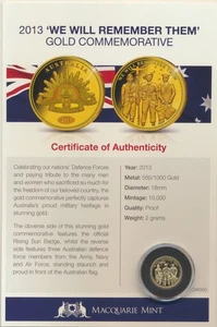 Australia: 2013 ANZAC We Will Remember Them 2g 14 Carat Gold Medal - Picture 1 of 1