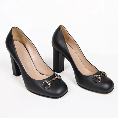 GUCCI черный Miro мягкий Horsebit насосы блок каблук квадратный носок женщин ЕС 37,5 США 7,5 - Изображение 1 из 4