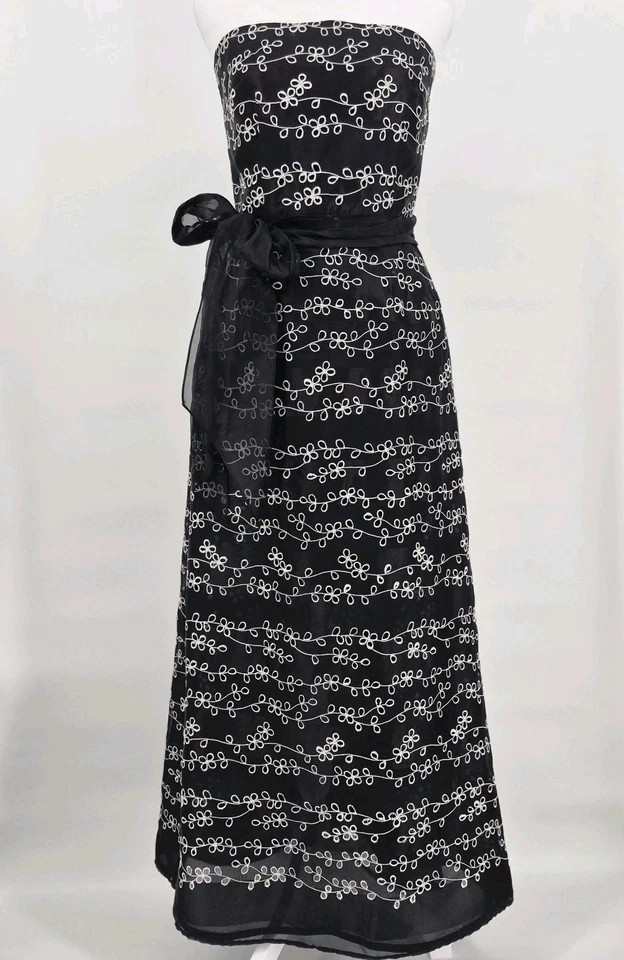 Maxi Vestido Formal Kay Unger Negro Blanco Bordado Sin Tirantes Seda Talla 4 Foto 1 de 4
