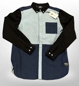 WeSC Oden Shirt Mens Small Denim Colorblock Long Sleeve Indigo Blocked Black - Picture 1 of 7
