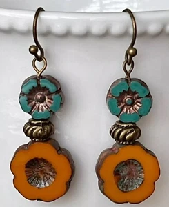 Bronze Earrings, Orange and Teal Picasso Flower Beads. Boho Chic - Picture 1 of 3
