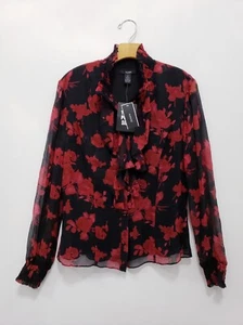 Alfani Women 100% Silk Button Front Shirt Black Red Floral Long Sleeve Ruffle 12 - Picture 1 of 7
