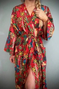 Indian Red Frida Kahlo Cotton Robe Long Kimono Robe Sleepwear Night Suit Kimono - Picture 1 of 4