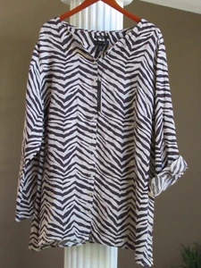 TAHARI Black Bone COLLARLESS 100% Linen Button Down Shirt Tunic Top Size 3X NWT - Picture 1 of 2