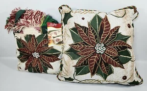 POINSETTIA THROW & PILLOW Lot | Christmas Holiday Tote | Woven Tapestry Blanket - Picture 1 of 8