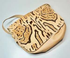 Vtg Carlos Falchi Handbag Tan Leather & Stenciled Animal Print Fur Front 14" L - Picture 1 of 11