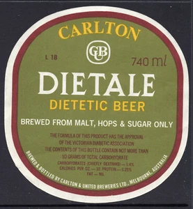 BEER LABEL: CARLTON DIETALE 740ML IN THIN LETERS PERFECT CONDITION. - Foto 1 di 1