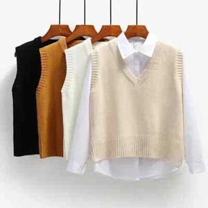 Knitted Sweater Short Loose Sweater Sleeveless Girls V-Neck Pullover Top - Picture 1 of 23