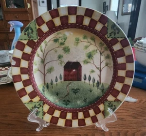 Country Home Dinner Plates (pair) 10 1/2" Thomson Pottery Stoneware Ivory Red ! - Picture 1 of 18