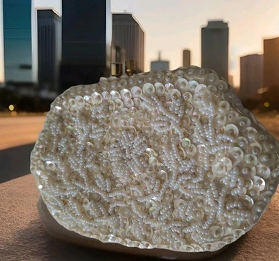 Beaded Coin Purse Vtg Mademoiselle Brand Handmade White Pearls Sequens Hong Kong - Image 1 of 4