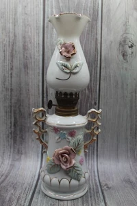 Vintage Elvin Japan Floral Oil lamps with chimney white porcelain 10" - Picture 1 of 8