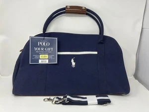 Ralph Lauren Polo Canvas Reisetasche blau weiß braun 20” x 12” x 7” Pony Logo - Bild 1 von 12