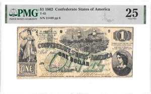 T-45 PF-2 1862 $1 Confederate Green Overprint Lucy Pickens PMG VF25 Civil War - Picture 1 of 5