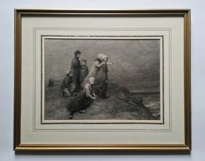 Edith Hume (1843-1906) Original Charcoal Drawing "Dutch Figures on a Beach" - Picture 1 of 7