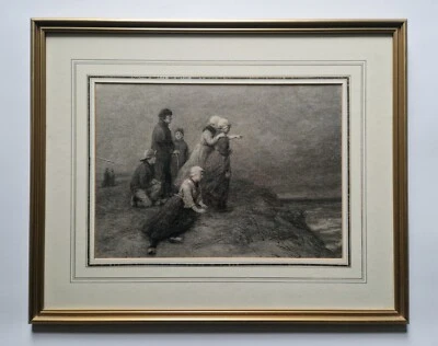 Edith Hume (1843-1906) Dibujo Original Carbón "Figuras Holandesas en una Playa" Foto 1 de 4