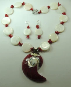 Conjunto de aretes collar coral mopa concha joyería de plata de ley - Imagen 1 de 2