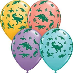 10 Pack 11" Dinosaur Dino Pattern Latex Balloons with Matching Ribbons