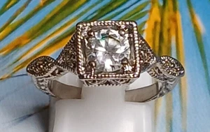 Art Deco Ladies Silver Plate Filigree Clear CZ Costume Ring - Size 5.5 - Picture 1 of 7