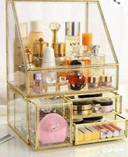 MOOCHI Golden Brass Vintage Glass 3 Drawers Cosmetic Makeup Jewelry Box (New)