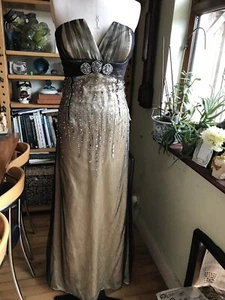 SIZE 16 STRAPLESS MAXI DRESS BALLGOWN BLACK NET OVER YELLOW SATIN SILVER BEADING - Picture 1 of 12
