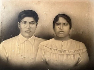 Antique PHOTOGRAPH On Canvas Mexican Native Couple Woman & Man Husbands 1930's - Picture 1 of 8