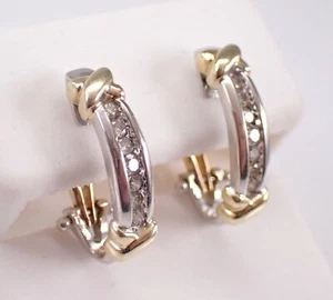 Two Tone Gold Diamond Half Hoop Earrings White and Yellow Omega Clasp Setting - Picture 1 of 5