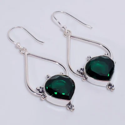 Pendientes de plata de ley 925 vintage de piedra de diopsido cromada 2,4" KE-477 k607 Foto 1 de 4