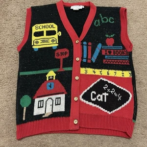 Sweater Loft Vintage School Teacher Knit Vest Size Small Bus Chalkboard Books - Picture 1 of 6