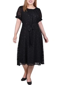 NY Collection Women's Short Sleeve Belted Swiss Dot Dress Black Plus Size 2X - Picture 1 of 3