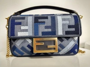 Auth Fendi Blue FF Mini Baguette Bag - Canvas Embroidery - Imagen 1 de 4