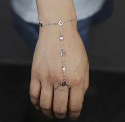 Rare 18k Gold Plated Star Of David Hand Chain Bracelet In Silver! - Image 1 of 4