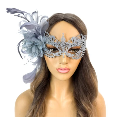 Lace Masquerade Mask with Luxury Feathers Dove Gray Silver - Image 1 of 4