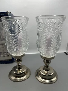Set of 2 Crystal and Silver Christmas Hurricane Lamp Candleholders 11"x4.25" - Picture 1 of 6