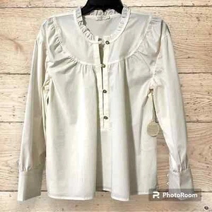 Spartina Mujer Pequeña Elsie Blusa Elástica Blanco Perla Volantes Cuello Popelina Blusa - Imagen 1 de 16