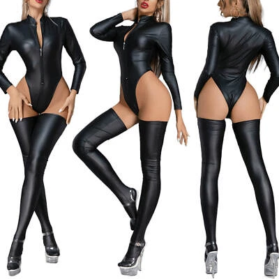 Women's Faux Leather Wet Look Jumpsuit Zipper Thong Bodysuit Lingerie Romper SET - image 1 of 4
