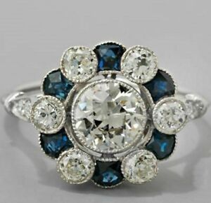 2.50Ct Round Blue Sapphire & Diamond Vintage Wedding Ring 14K White Gold Finish
