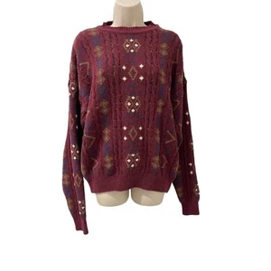 Vintage 80s Claiborne Fisherman Cable-Knit Geometric Sweater Men Lg Cottagecore  - Picture 1 of 6