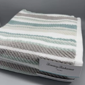 2pc Tommy Bahama Ocean Bay Stripe Bath Towel Set Gray Aqua Teal White Beach NEW - Picture 1 of 8