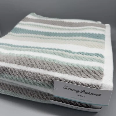 2pc Tommy Bahama Ocean Bay Stripe Bath Towel Set Gray Aqua Teal White Beach NEW - Image 1 of 4