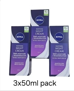 3x NIVEA Soothing 24h Moisture Regeneration Night Cream 50ml with Grape Seed Oil - Picture 1 of 8