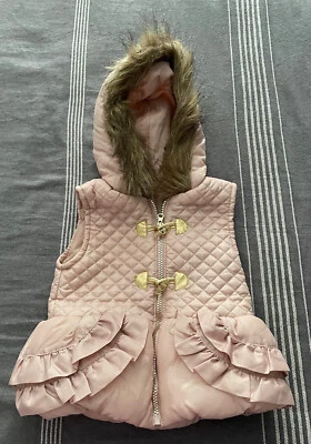 Little Lass Light Pink Puffer Vest Girls 4T Faux Fur Trimmed Hoodie Full Zip EUC - Image 1 of 4