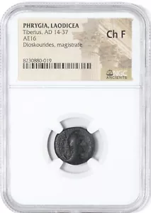 NGC Ch F 14-37 AD Phrygia Laodicea Tiberius AE16 Dioskouricles Ancient Coin - Picture 1 of 3